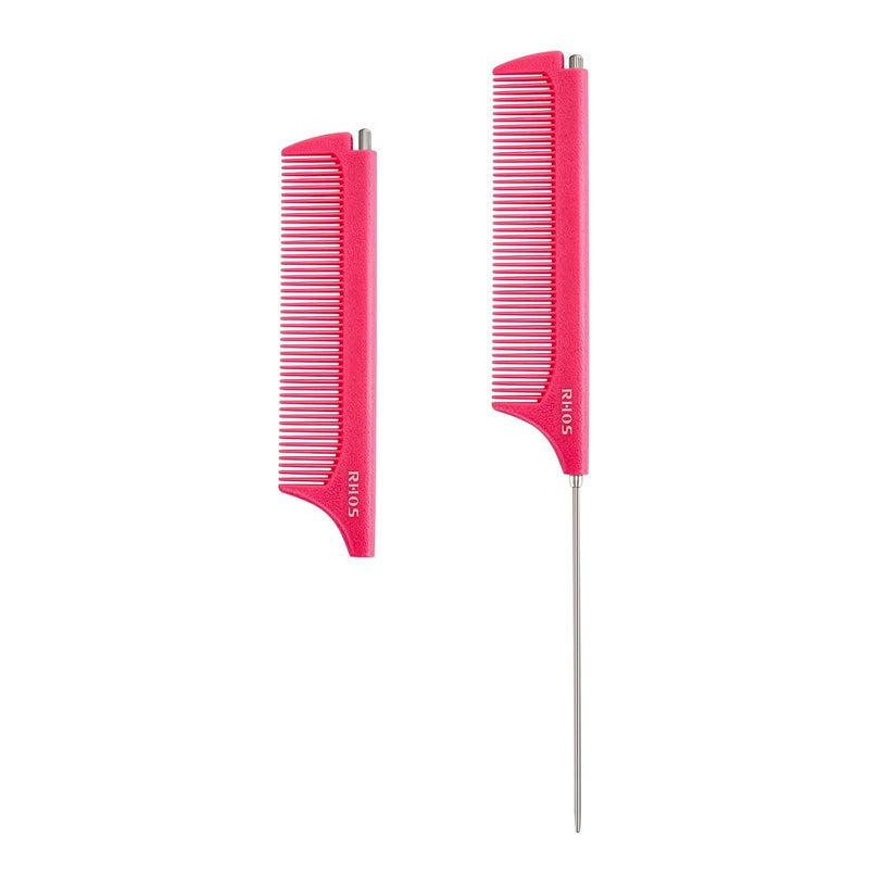 RHOS Retractable Fine Tooth Comb for Hair Parting, Styling, Cutting and Braiding - Carbon and Stainless Steel Pin Tail Comb (Pink) - Image 1